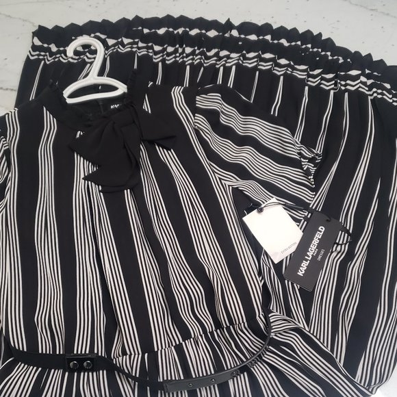 [NEW] Karl Lagerfeld Paris Striped Chiffon Dress/Bow Neck/Black Dress (Size 4) - Picture 6 of 11